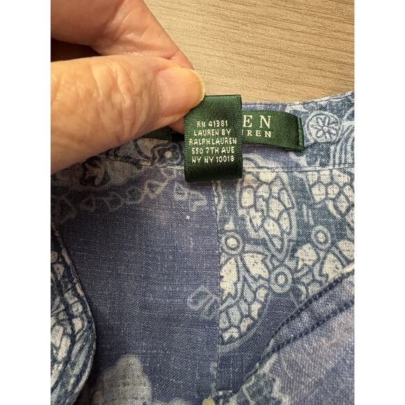 Lauren Ralph Lauren Top Linen 3/4 Sleeve Floral Boho Cottage Coastal Blue 1X - Picture 5 of 13